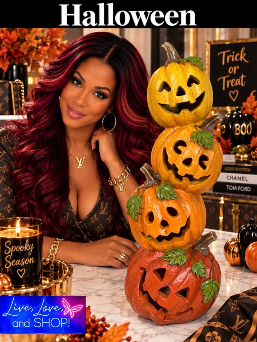 DECOR: Stacked LED Pumpkin Jack-O'-Lantern Table Accent, EUC